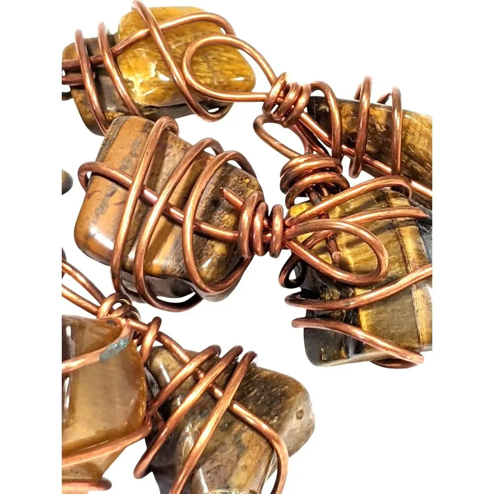 25 Copper Wire Wrapped Tiger Eye Nugget Chips Vintage West Germany 1950s